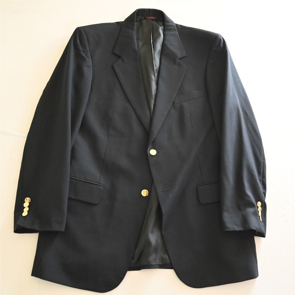 Savile Row‎ 42L Navy Blue Gold Button 100% Wool Blazer Suit Jacket Sport Coat